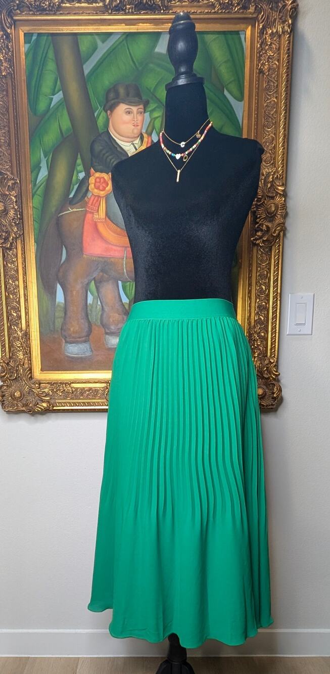 J.Crew Green Chiffon Accordion Pleated Midi Skirt Elastic High Waist Sz 0 AL203